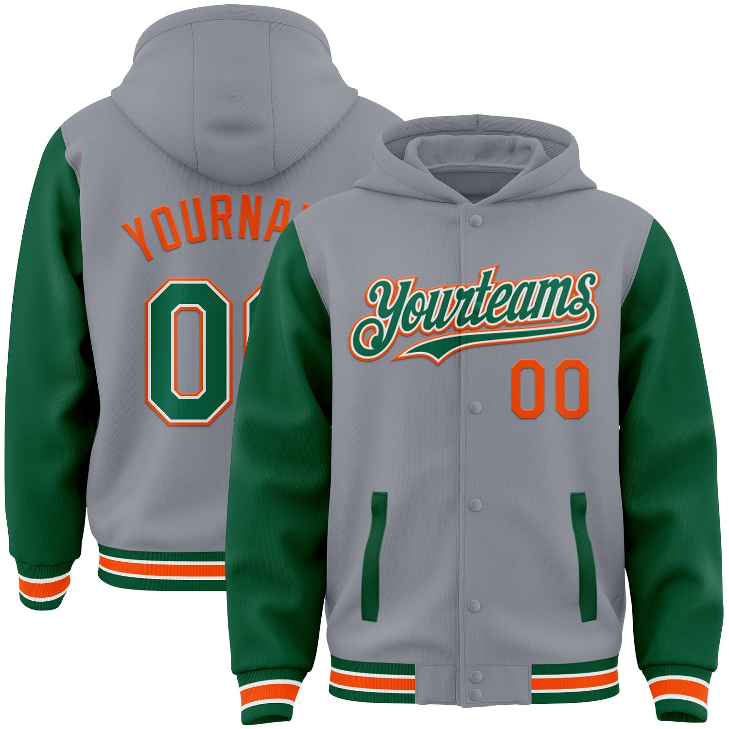 Custom Gray Kelly Green-Orange Bomber Full-Snap Varsity Letterman Two Tone Hoodie Jacket - Main View