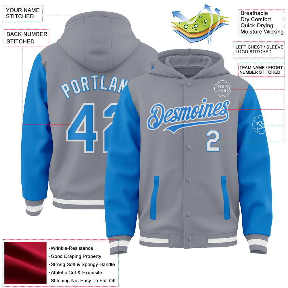 Custom Gray Powder Blue-White Bomber Full-Snap Varsity Letterman Two Tone Hoodie Jacket view 3