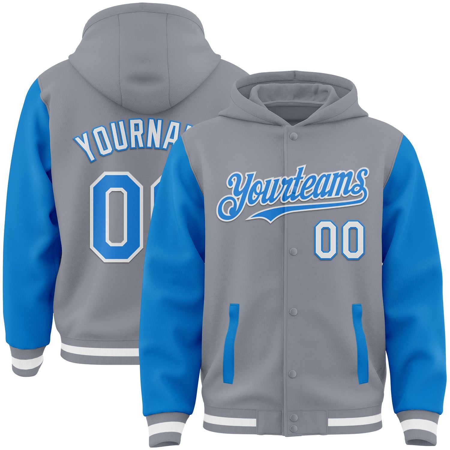 Custom Gray Powder Blue-White Bomber Full-Snap Varsity Letterman Two Tone Hoodie Jacket - Main View