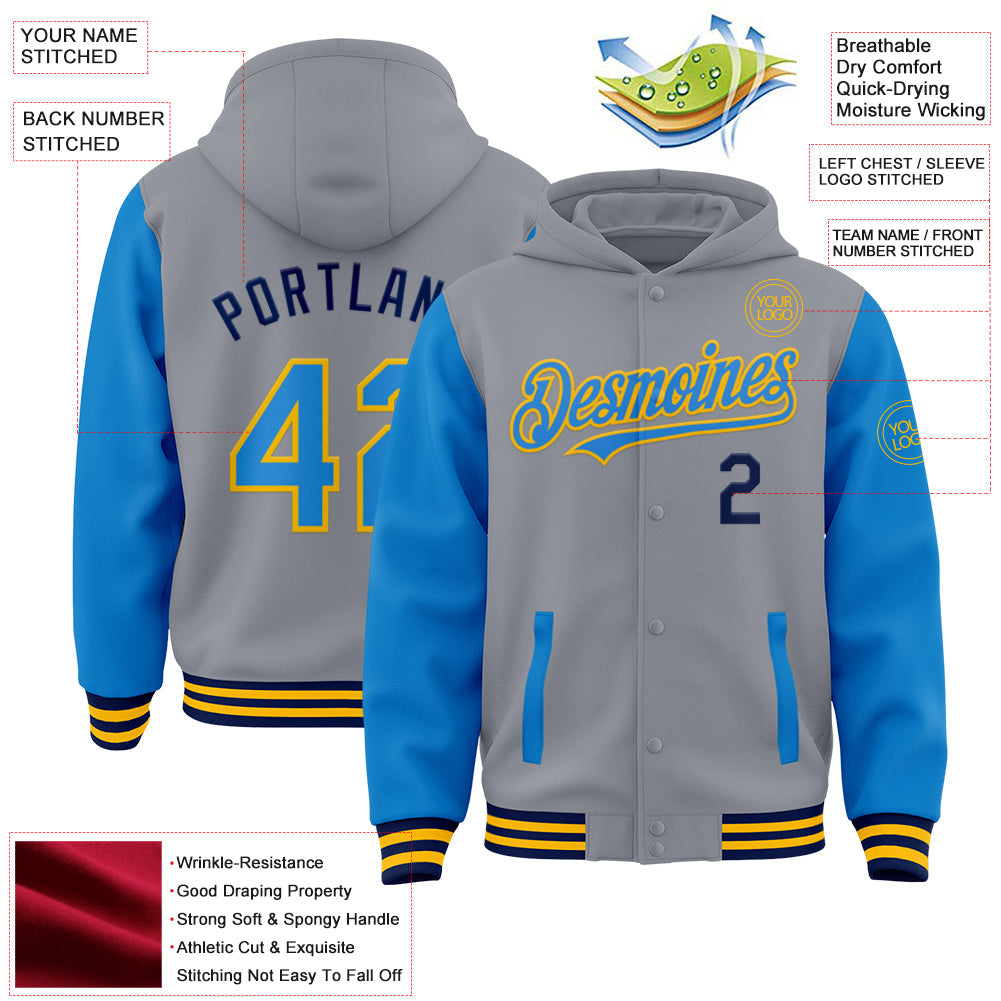 Custom Gray Powder Blue Gold-Navy Bomber Full-Snap Varsity Letterman Two Tone Hoodie Jacket view 3