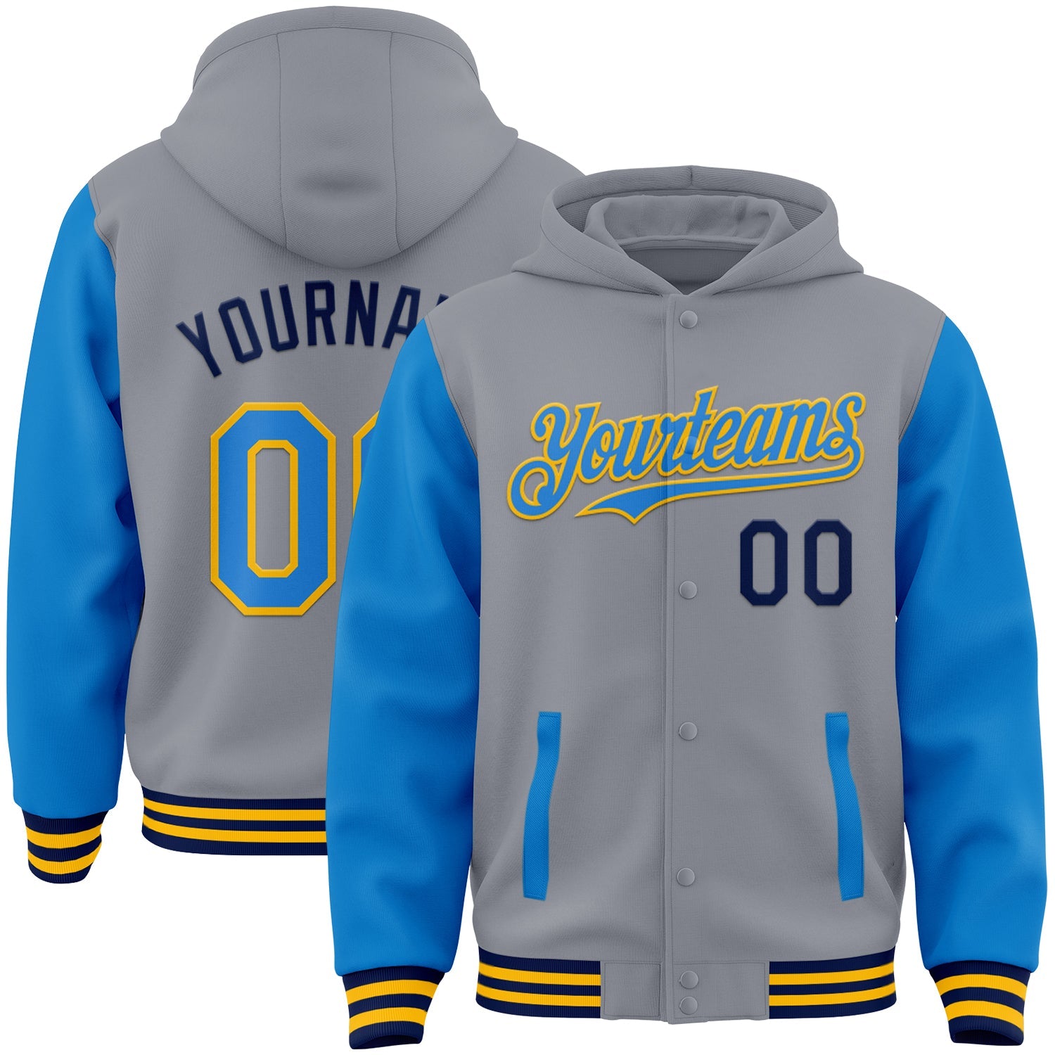 Custom Gray Powder Blue Gold-Navy Bomber Full-Snap Varsity Letterman Two Tone Hoodie Jacket - Main View