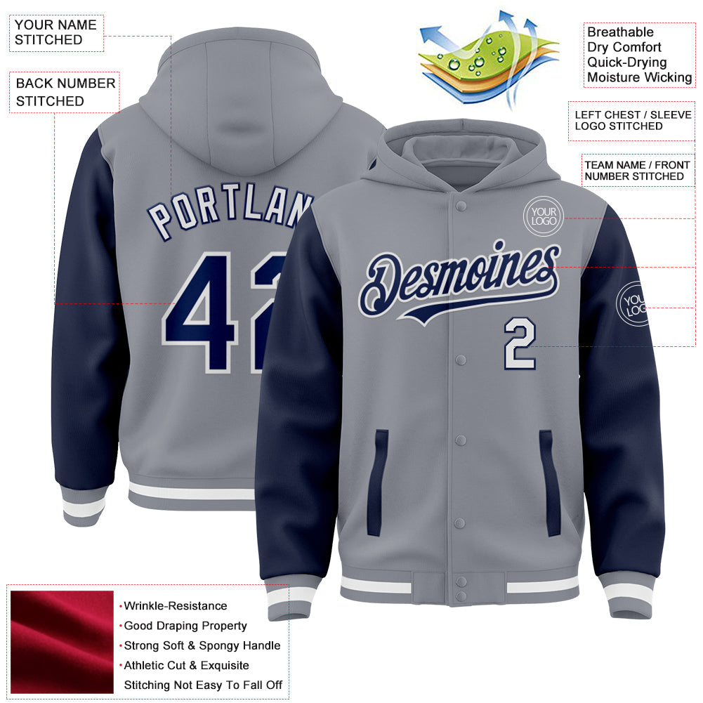 Custom Gray Navy-White Bomber Full-Snap Varsity Letterman Two Tone Hoodie Jacket view 3