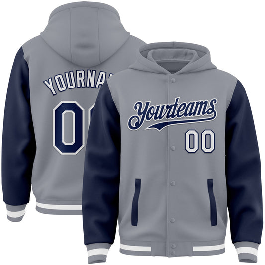 Custom Gray Navy-White Bomber Full-Snap Varsity Letterman Two Tone Hoodie Jacket - Main View