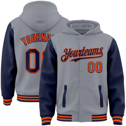 Custom Gray Navy-Orange Bomber Full-Snap Varsity Letterman Two Tone Hoodie Jacket - Main View