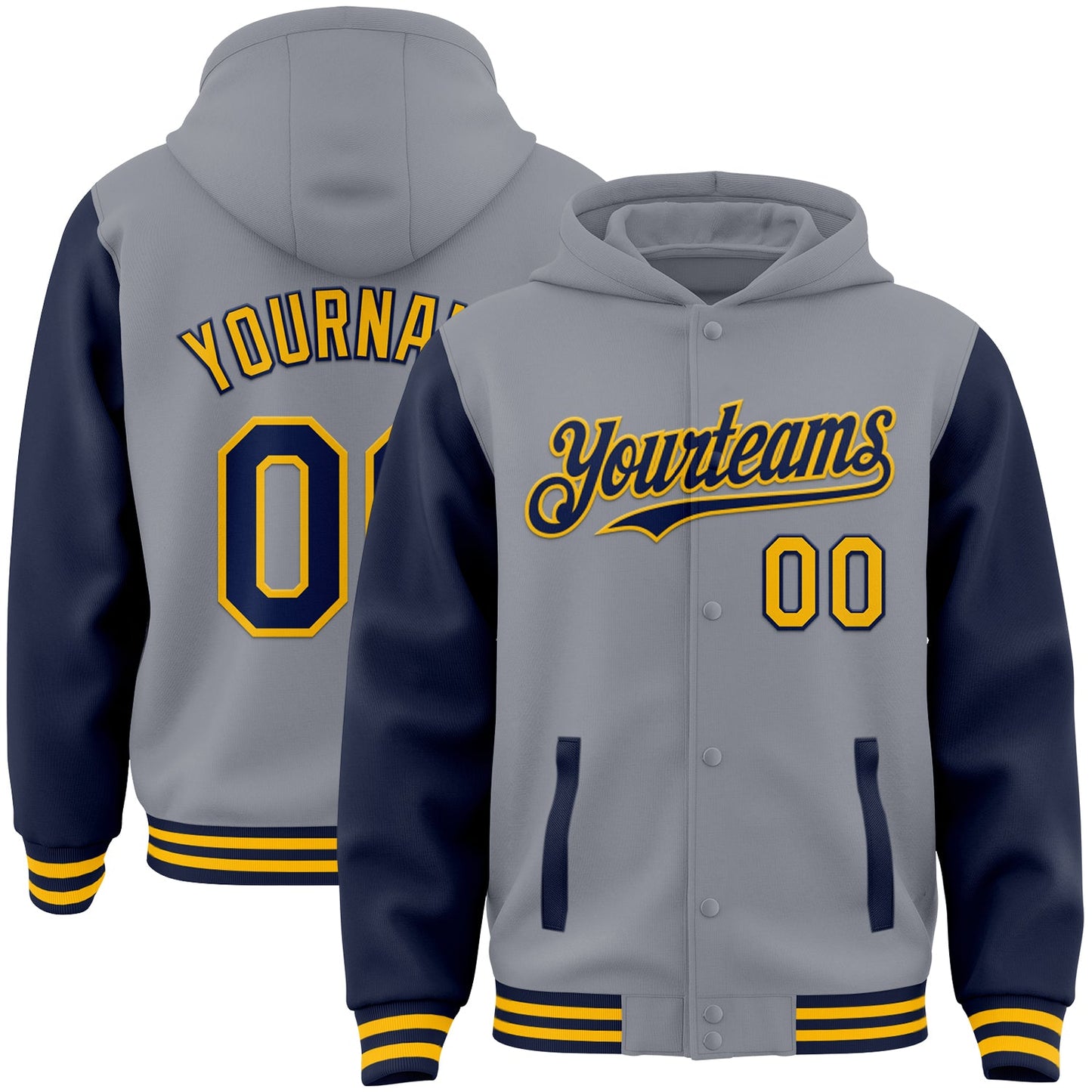 Custom Gray Navy-Gold Bomber Full-Snap Varsity Letterman Two Tone Hoodie Jacket - Main View