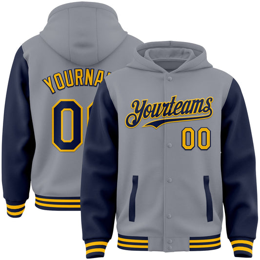 Custom Gray Navy-Gold Bomber Full-Snap Varsity Letterman Two Tone Hoodie Jacket - Main View