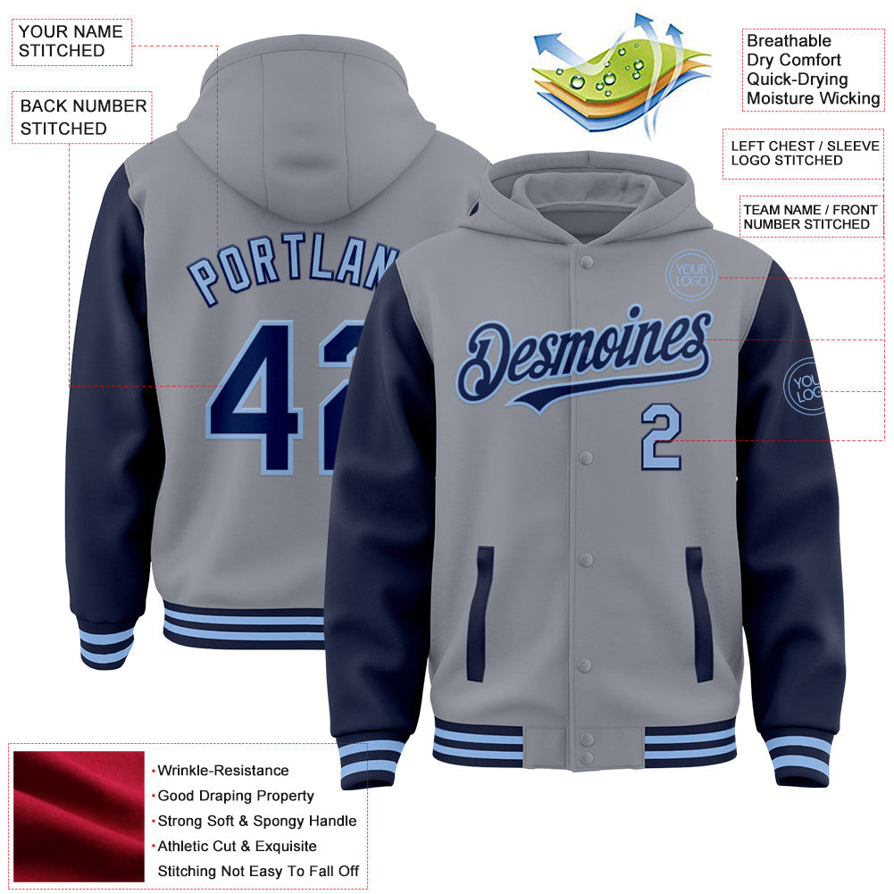 Custom Gray Navy-Light Blue Bomber Full-Snap Varsity Letterman Two Tone Hoodie Jacket view 3