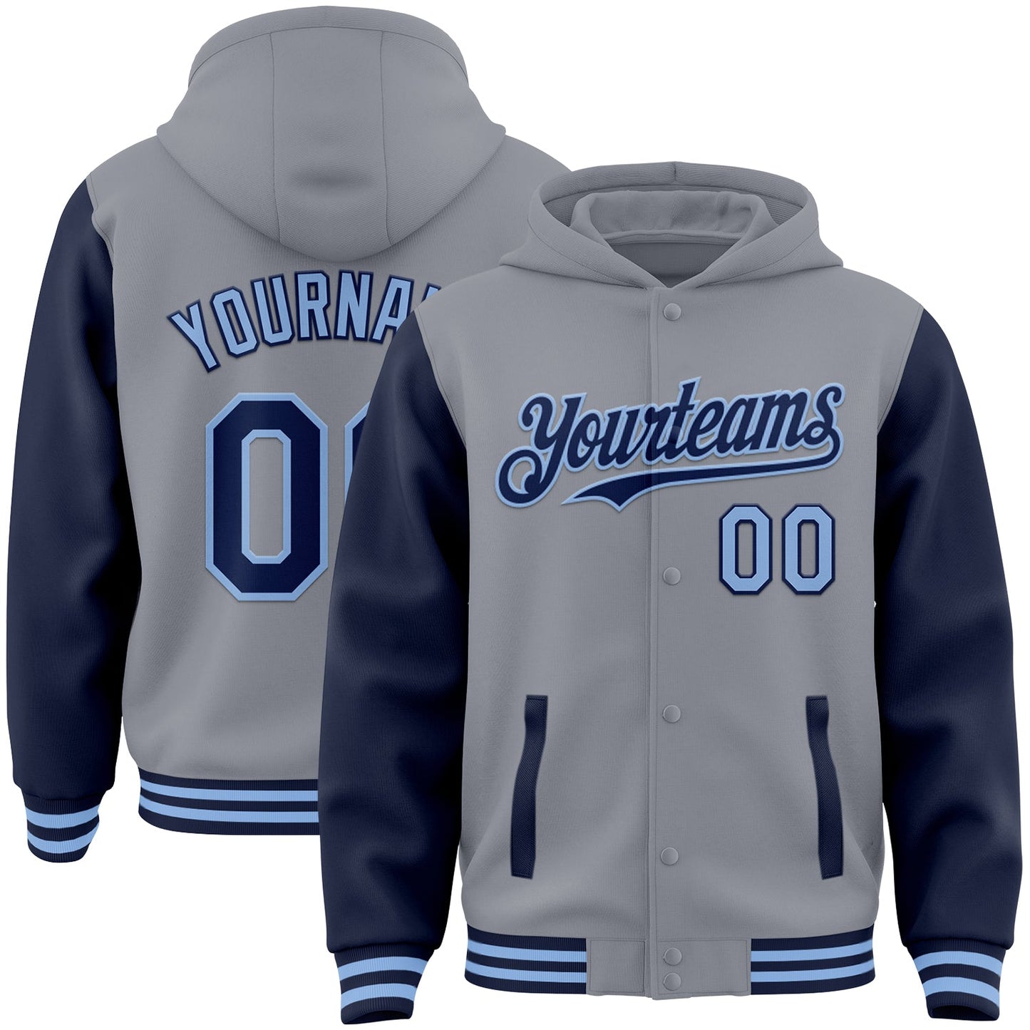 Custom Gray Navy-Light Blue Bomber Full-Snap Varsity Letterman Two Tone Hoodie Jacket - Main View