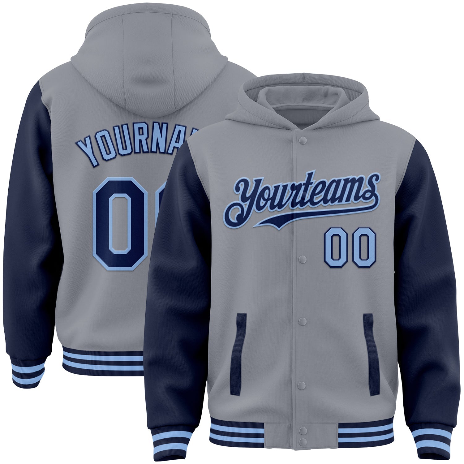 Custom Gray Navy-Light Blue Bomber Full-Snap Varsity Letterman Two Tone Hoodie Jacket - Main View