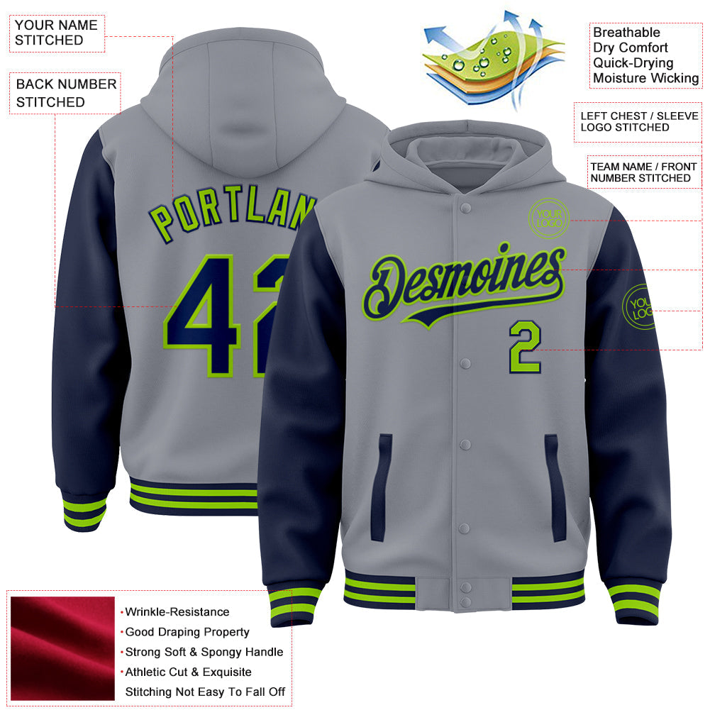 Custom Gray Navy-Neon Green Bomber Full-Snap Varsity Letterman Two Tone Hoodie Jacket view 3