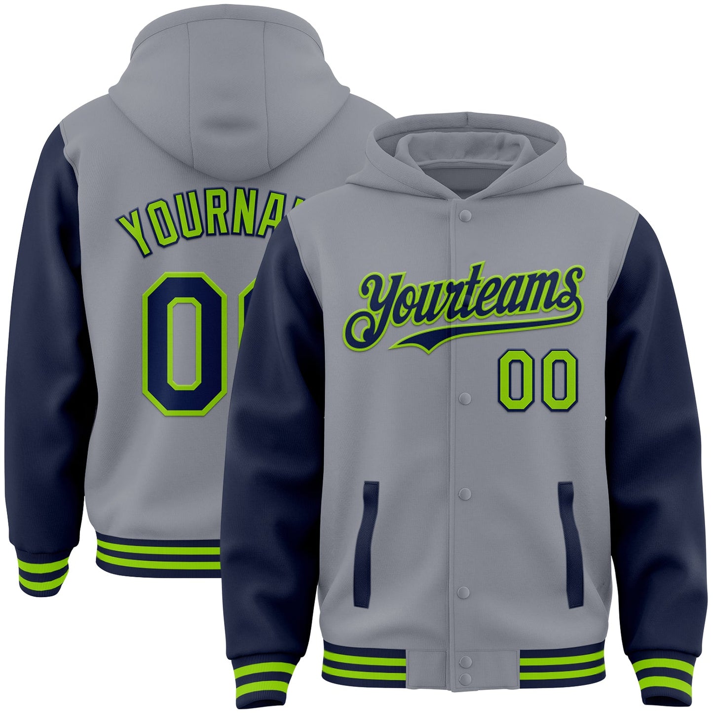 Custom Gray Navy-Neon Green Bomber Full-Snap Varsity Letterman Two Tone Hoodie Jacket - Main View