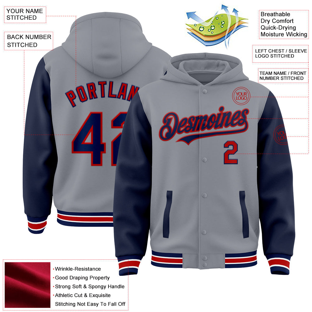 Custom Gray Navy-Red Bomber Full-Snap Varsity Letterman Two Tone Hoodie Jacket view 3