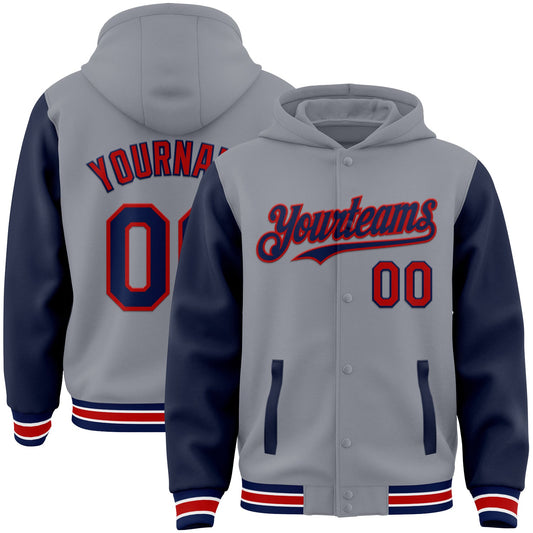 Custom Gray Navy-Red Bomber Full-Snap Varsity Letterman Two Tone Hoodie Jacket - Main View
