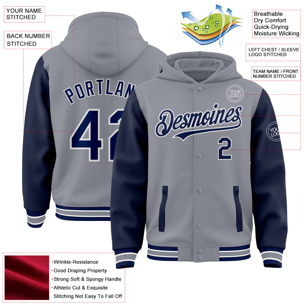 Custom Gray Navy-White Bomber Full-Snap Varsity Letterman Two Tone Hoodie Jacket view 3