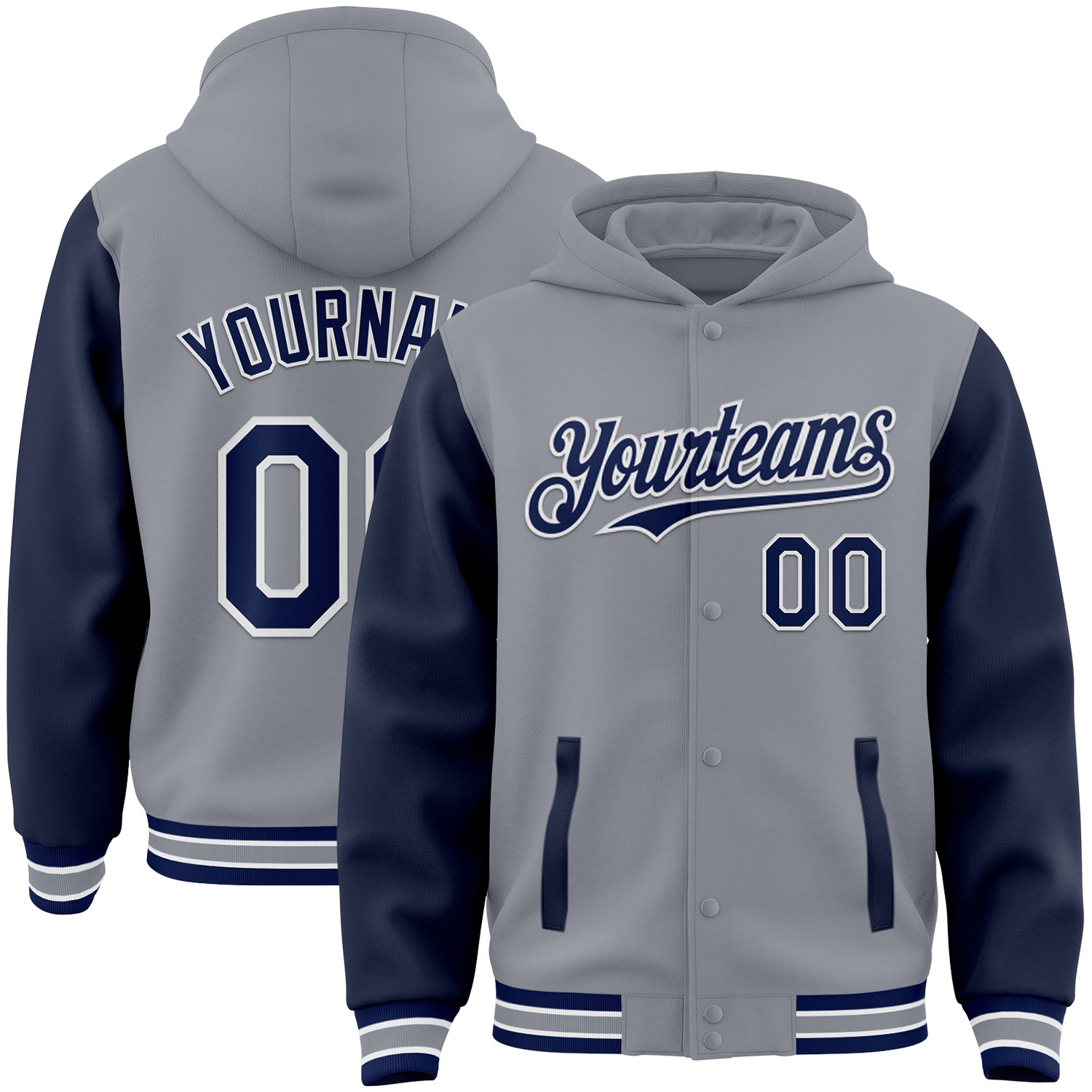 Custom Gray Navy-White Bomber Full-Snap Varsity Letterman Two Tone Hoodie Jacket - Main View