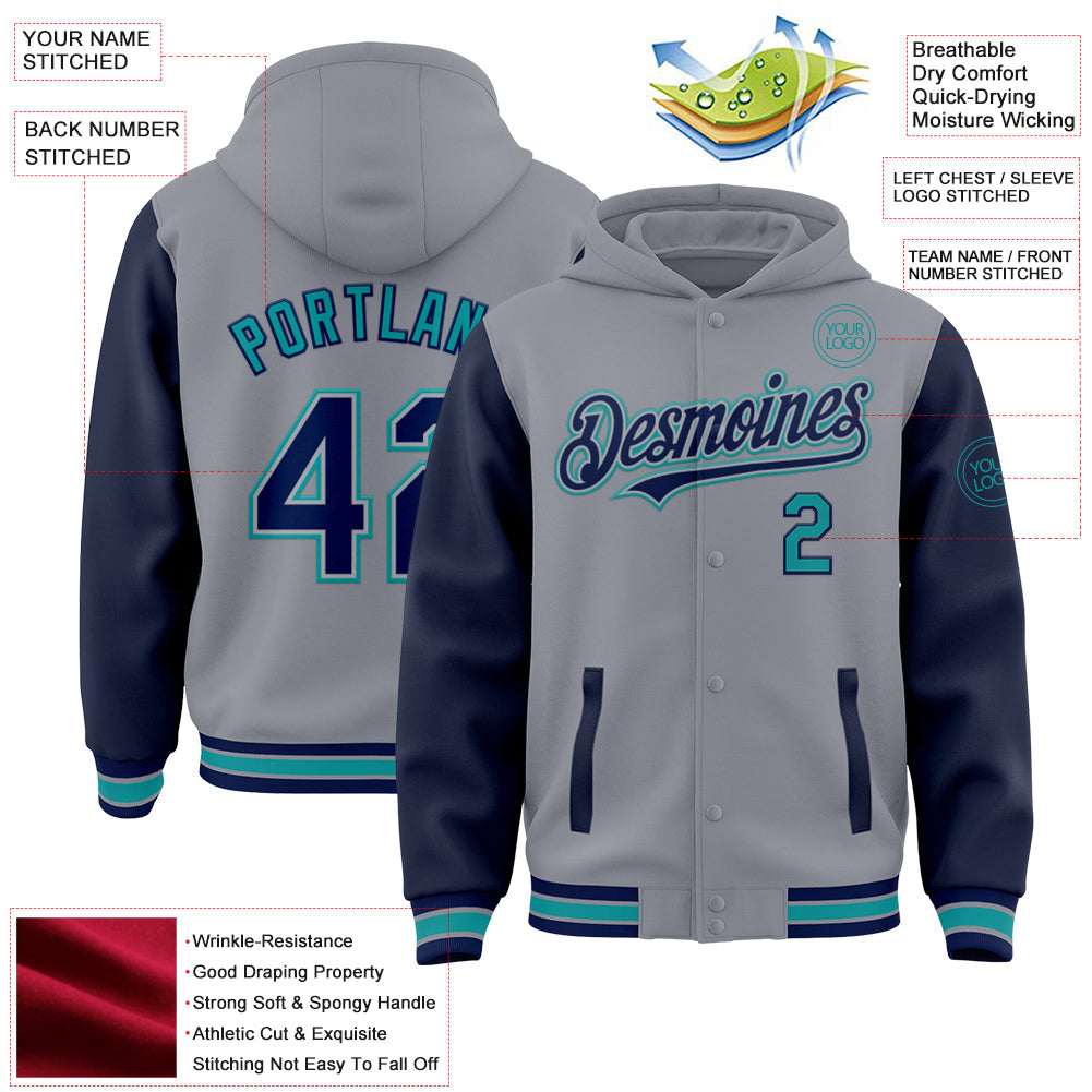 Custom Gray Navy-Teal Bomber Full-Snap Varsity Letterman Two Tone Hoodie Jacket view 3