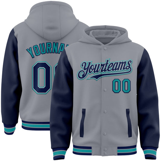 Custom Gray Navy-Teal Bomber Full-Snap Varsity Letterman Two Tone Hoodie Jacket - Main View