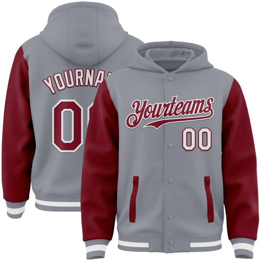 Custom Gray Crimson-White Bomber Full-Snap Varsity Letterman Two Tone Hoodie Jacket - Main View