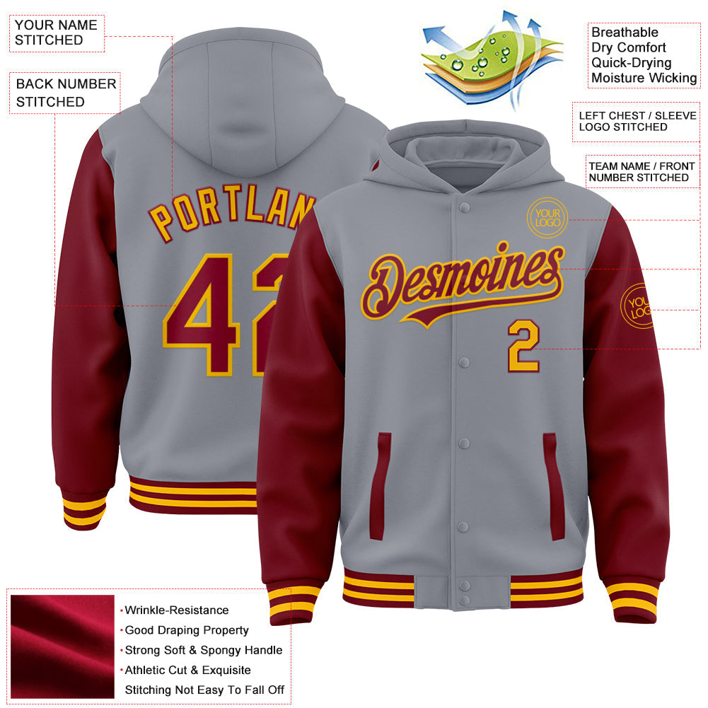 Custom Gray Crimson-Gold Bomber Full-Snap Varsity Letterman Two Tone Hoodie Jacket view 3