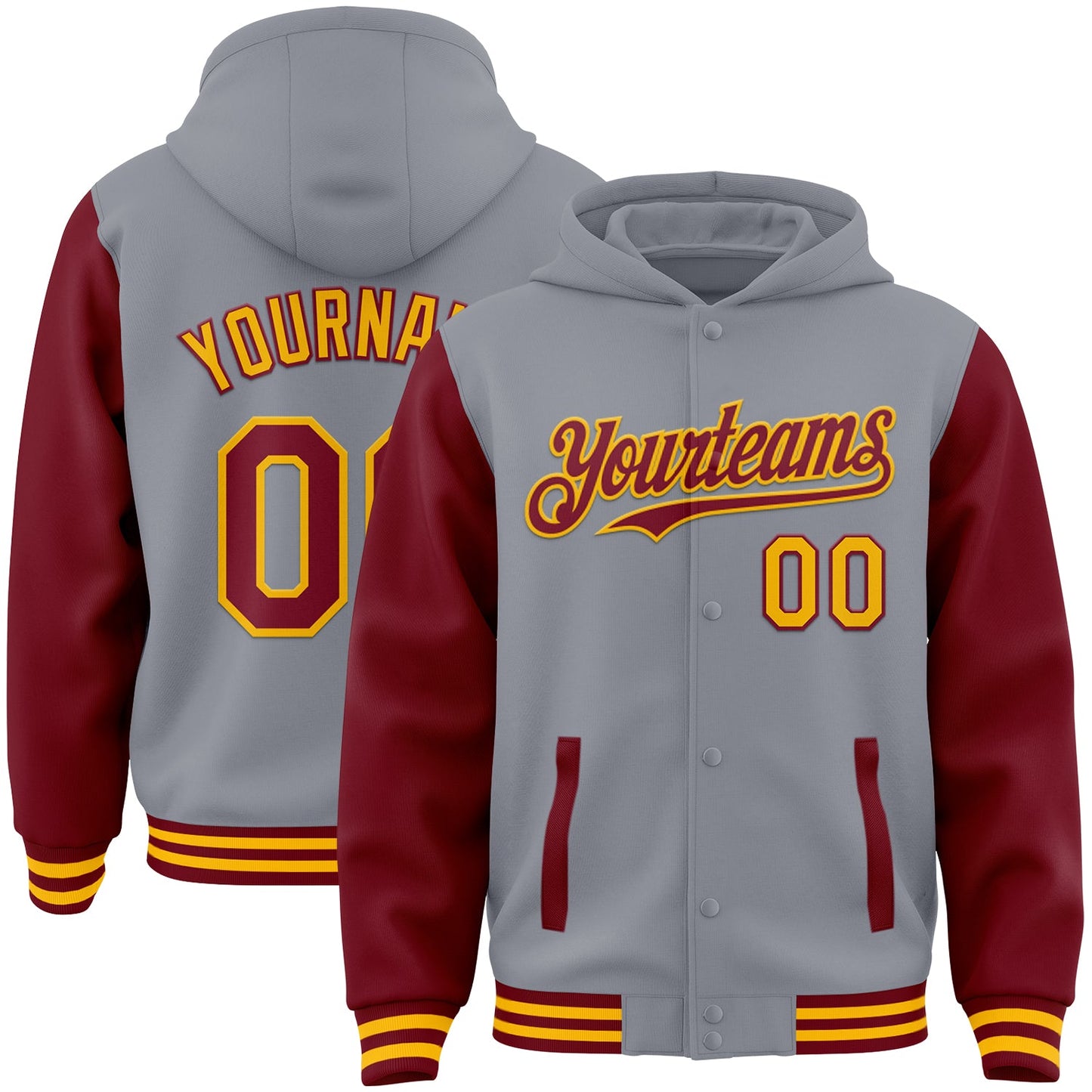 Custom Gray Crimson-Gold Bomber Full-Snap Varsity Letterman Two Tone Hoodie Jacket - Main View