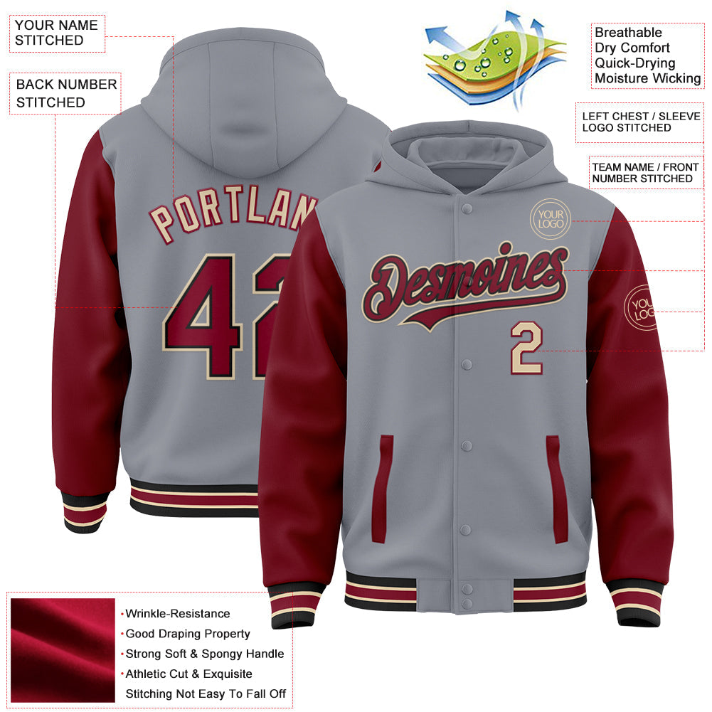 Custom Gray Crimson Black-City Cream Bomber Full-Snap Varsity Letterman Two Tone Hoodie Jacket view 3