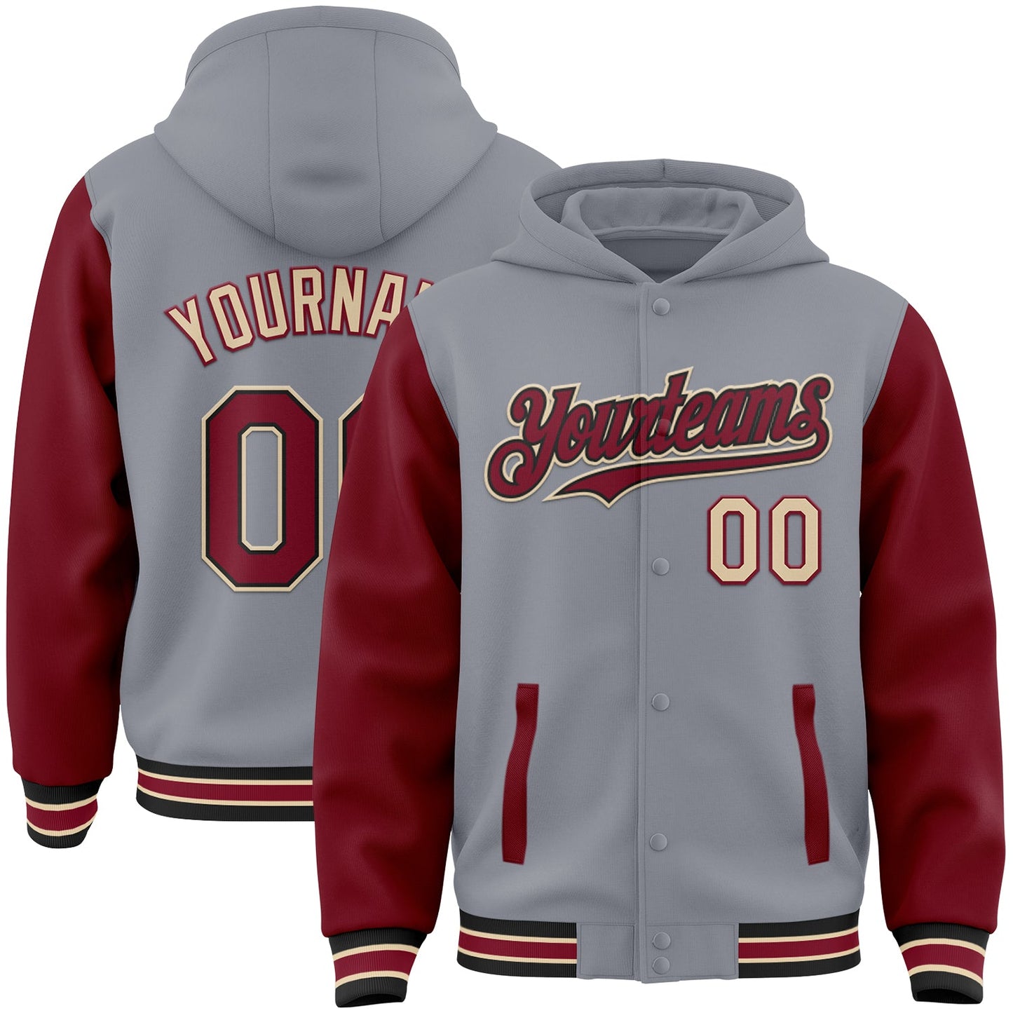 Custom Gray Crimson Black-City Cream Bomber Full-Snap Varsity Letterman Two Tone Hoodie Jacket - Main View