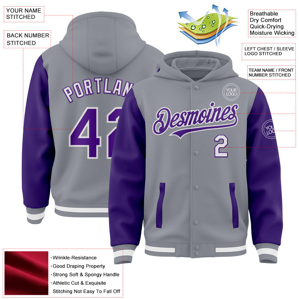 Custom Gray Purple-White Bomber Full-Snap Varsity Letterman Two Tone Hoodie Jacket view 3
