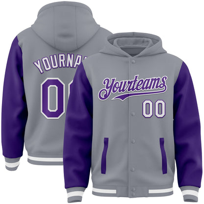 Custom Gray Purple-White Bomber Full-Snap Varsity Letterman Two Tone Hoodie Jacket - Main View