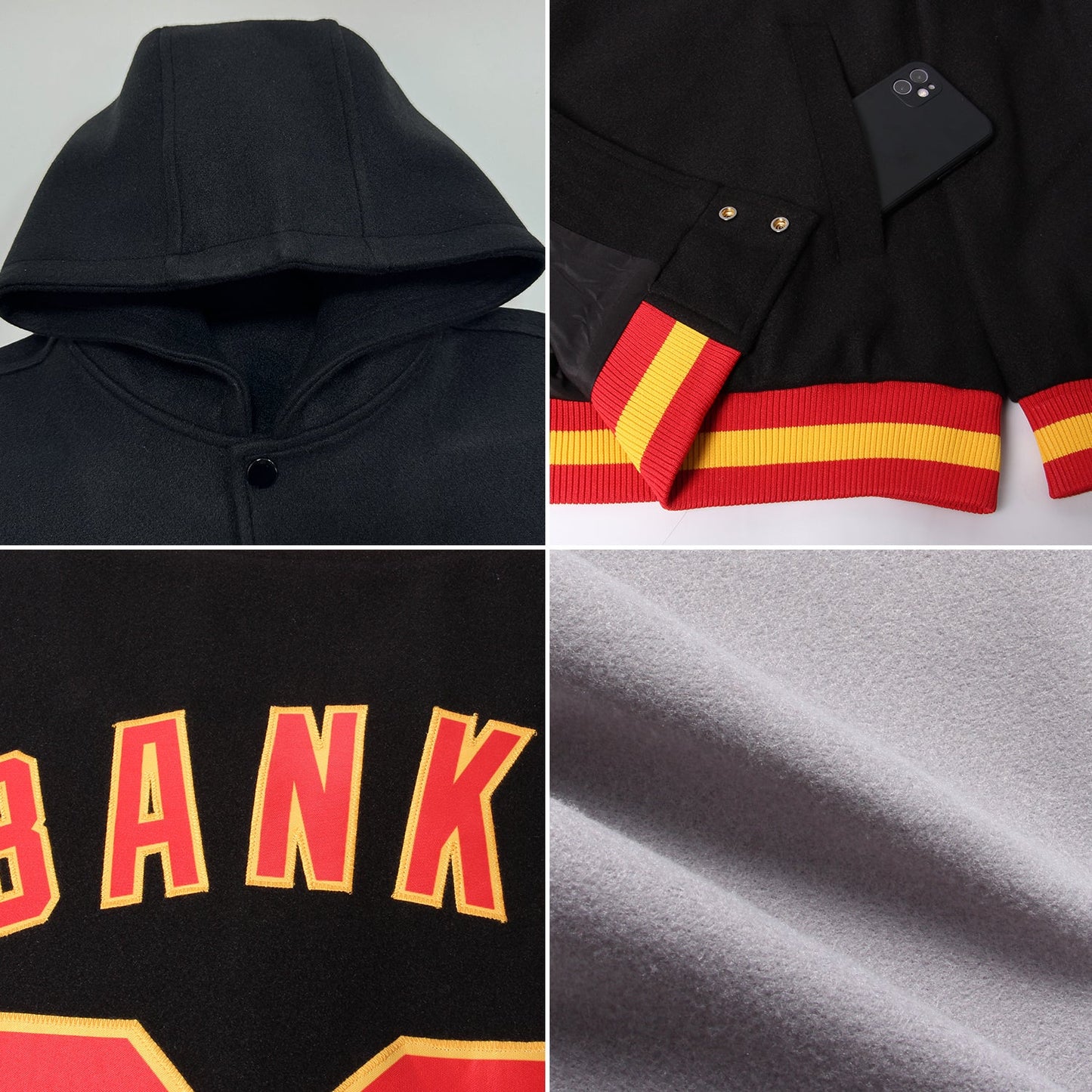 Custom Gray Purple-Black Bomber Full-Snap Varsity Letterman Two Tone Hoodie Jacket view 2