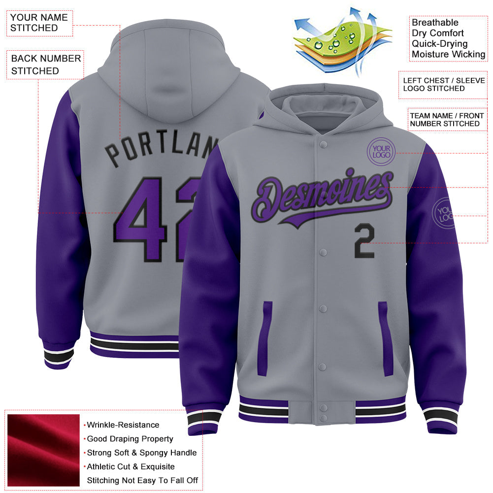 Custom Gray Purple-Black Bomber Full-Snap Varsity Letterman Two Tone Hoodie Jacket view 3