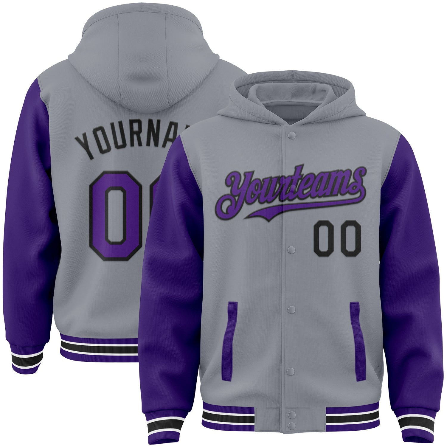 Custom Gray Purple-Black Bomber Full-Snap Varsity Letterman Two Tone Hoodie Jacket - Main View