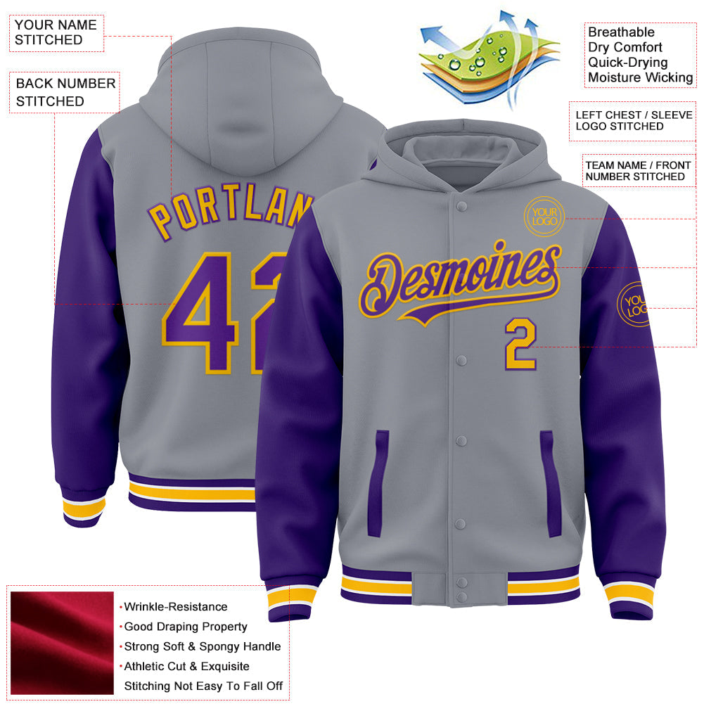 Custom Gray Purple-Gold Bomber Full-Snap Varsity Letterman Two Tone Hoodie Jacket view 3