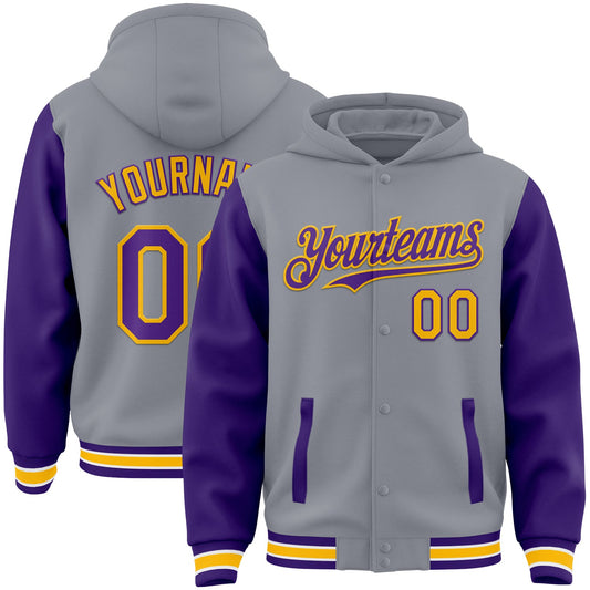 Custom Gray Purple-Gold Bomber Full-Snap Varsity Letterman Two Tone Hoodie Jacket - Main View
