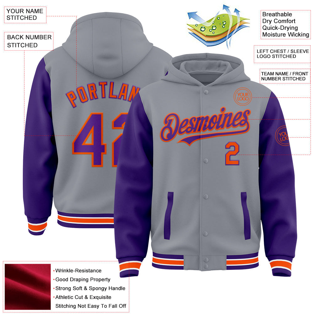 Custom Gray Purple-Orange Bomber Full-Snap Varsity Letterman Two Tone Hoodie Jacket view 3