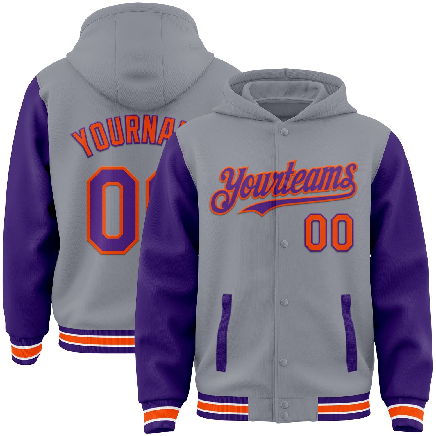 Custom Gray Purple-Orange Bomber Full-Snap Varsity Letterman Two Tone Hoodie Jacket - Main View