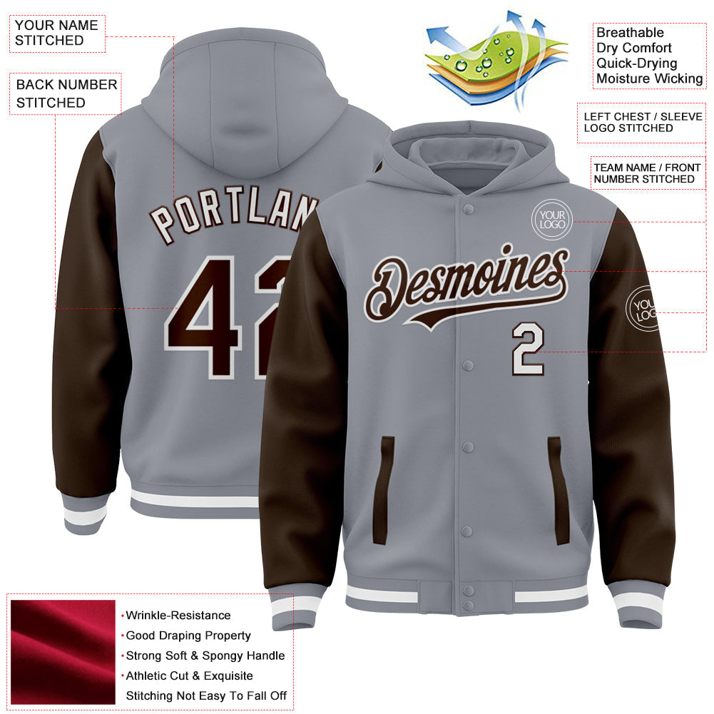 Custom Gray Brown-White Bomber Full-Snap Varsity Letterman Two Tone Hoodie Jacket view 3
