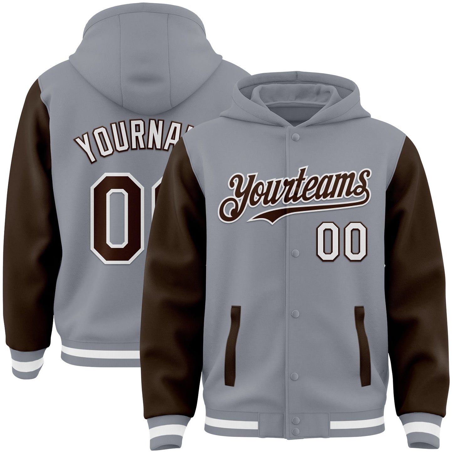 Custom Gray Brown-White Bomber Full-Snap Varsity Letterman Two Tone Hoodie Jacket - Main View