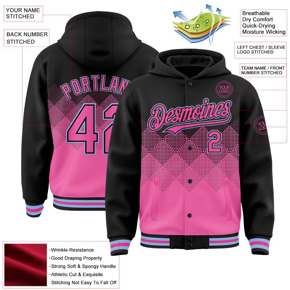 Custom Black Pink-Light Blue Gradient Square Shape 3D Pattern Design Bomber Full-Snap Varsity Letterman Hoodie Jacket view 3
