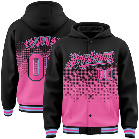 Custom Black Pink-Light Blue Gradient Square Shape 3D Pattern Design Bomber Full-Snap Varsity Letterman Hoodie Jacket - Main View