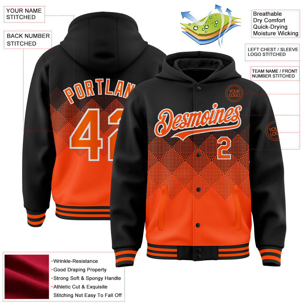Custom Black Orange-White Gradient Square Shape 3D Pattern Design Bomber Full-Snap Varsity Letterman Hoodie Jacket view 3