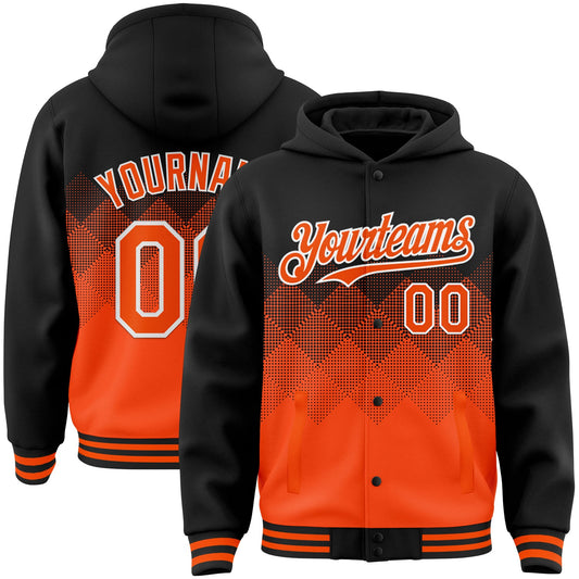 Custom Black Orange-White Gradient Square Shape 3D Pattern Design Bomber Full-Snap Varsity Letterman Hoodie Jacket - Main View