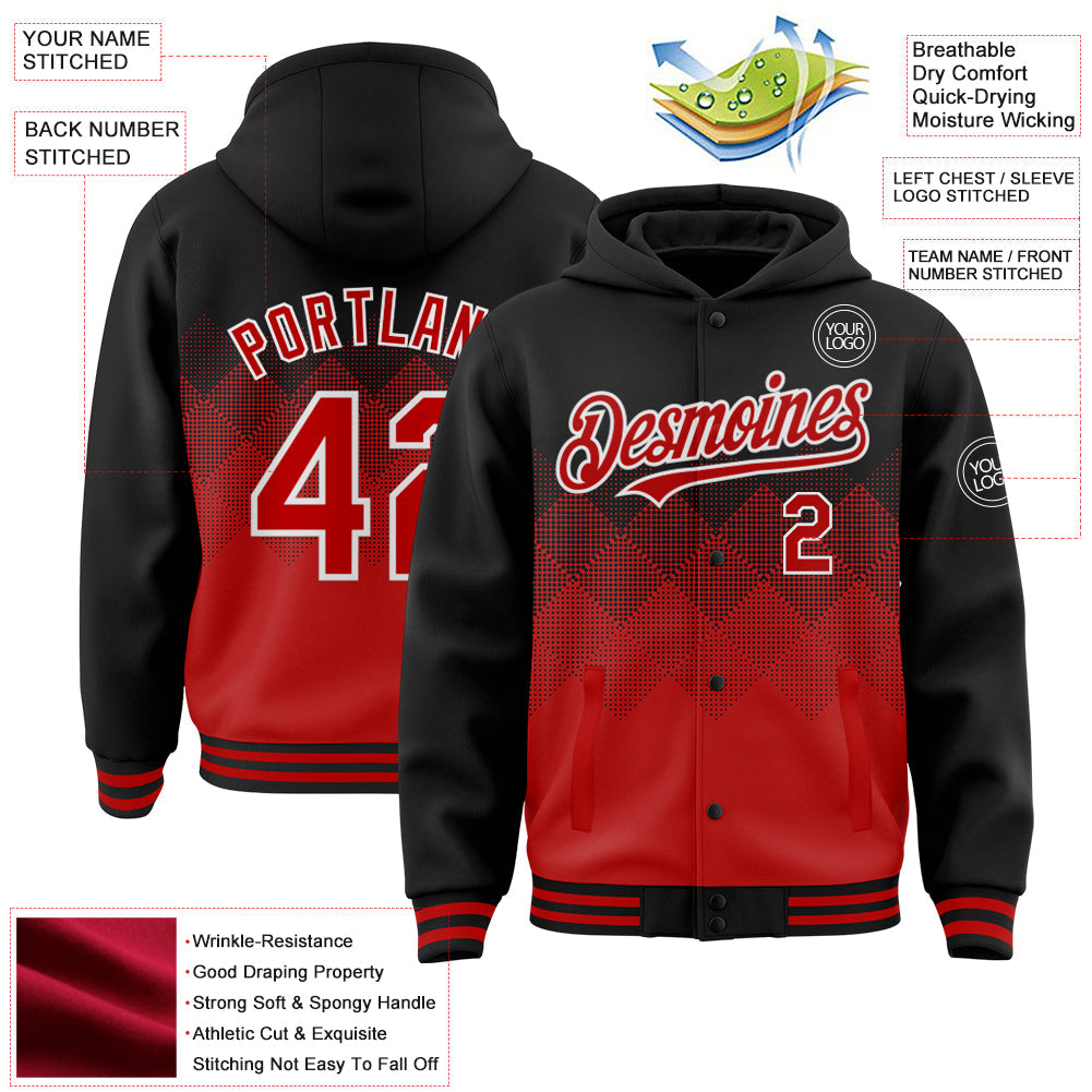 Custom Black Red-White Gradient Square Shape 3D Pattern Design Bomber Full-Snap Varsity Letterman Hoodie Jacket view 3