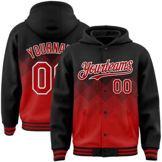 Custom Black Red-White Gradient Square Shape 3D Pattern Design Bomber Full-Snap Varsity Letterman Hoodie Jacket - Main View
