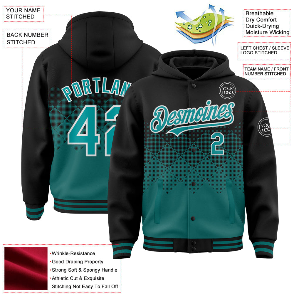 Custom Black Teal-White Gradient Square Shape 3D Pattern Design Bomber Full-Snap Varsity Letterman Hoodie Jacket view 3
