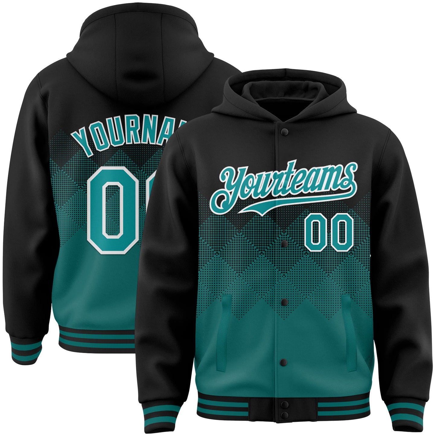 Custom Black Teal-White Gradient Square Shape 3D Pattern Design Bomber Full-Snap Varsity Letterman Hoodie Jacket - Main View