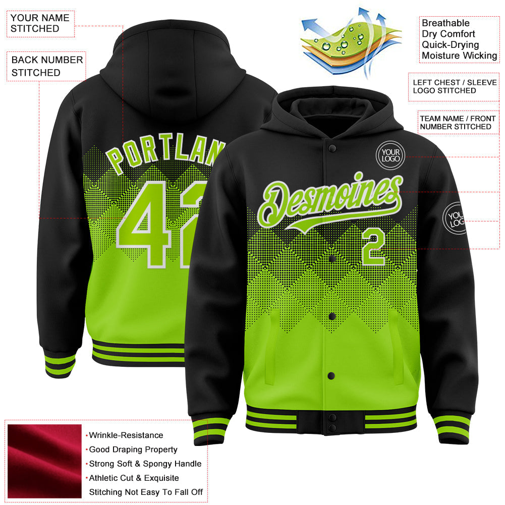 Custom Black Neon Green-White Gradient Square Shape 3D Pattern Design Bomber Full-Snap Varsity Letterman Hoodie Jacket view 3