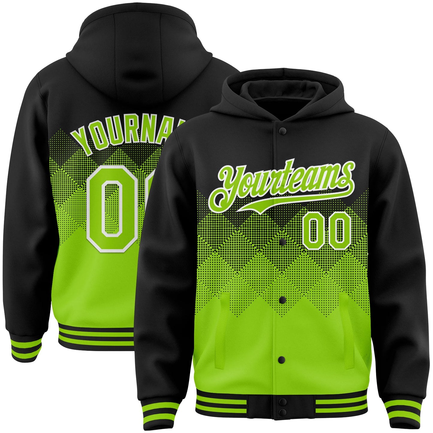 Custom Black Neon Green-White Gradient Square Shape 3D Pattern Design Bomber Full-Snap Varsity Letterman Hoodie Jacket - Main View