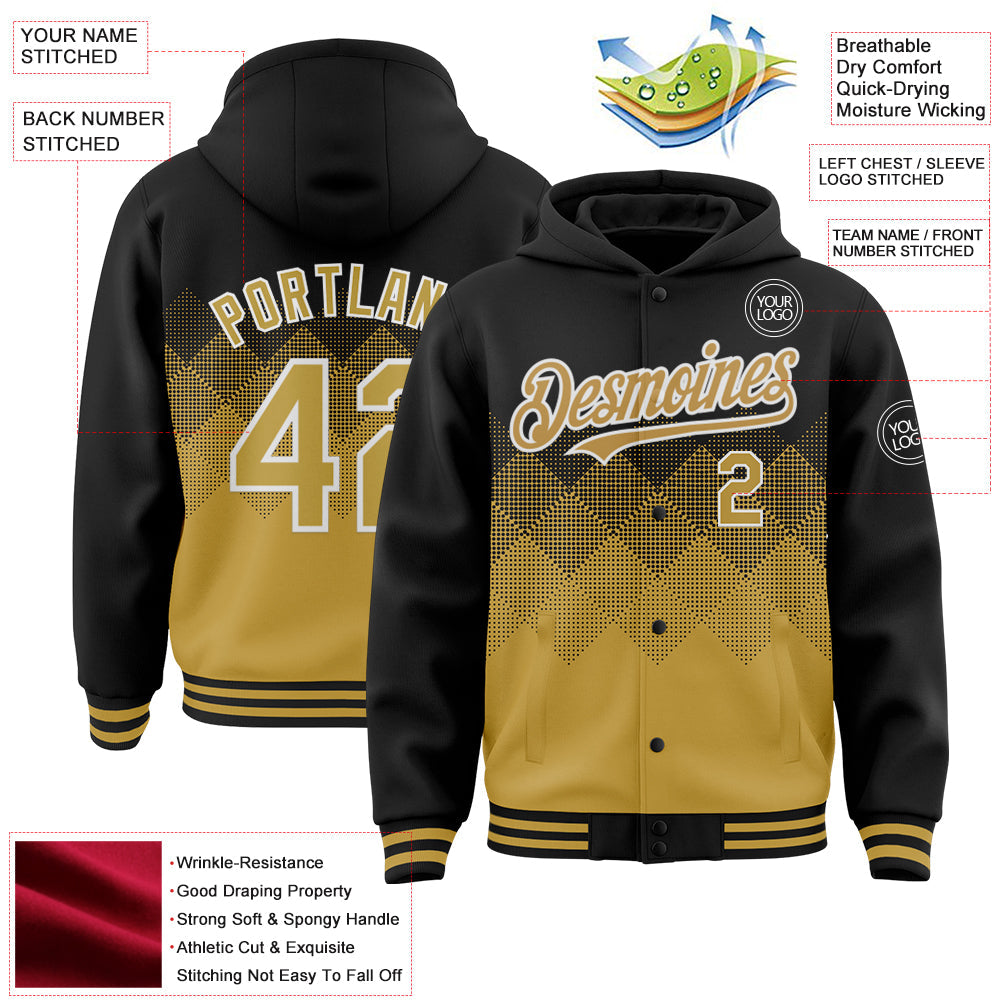 Custom Black Old Gold-White Gradient Square Shape 3D Pattern Design Bomber Full-Snap Varsity Letterman Hoodie Jacket view 3