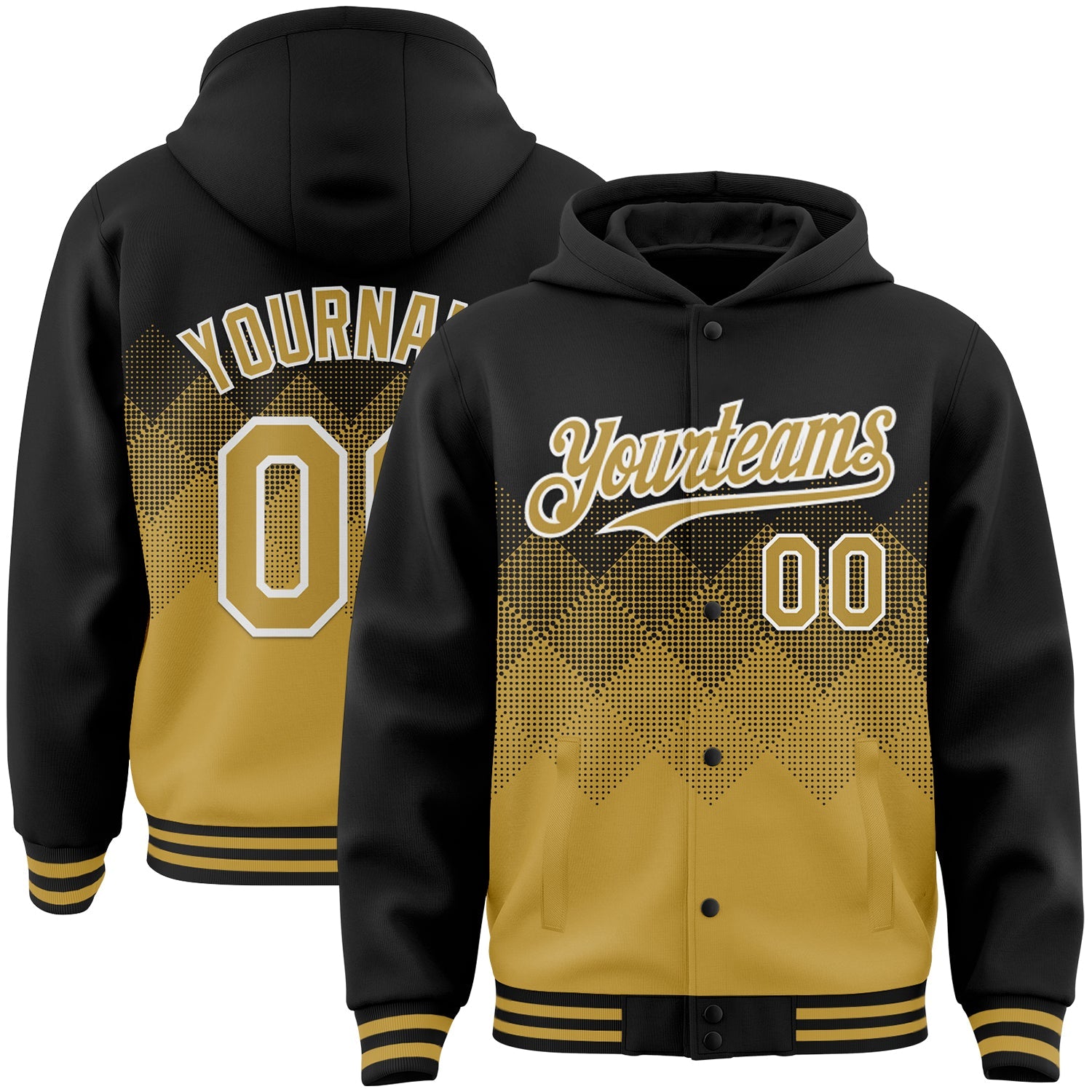 Custom Black Old Gold-White Gradient Square Shape 3D Pattern Design Bomber Full-Snap Varsity Letterman Hoodie Jacket - Main View