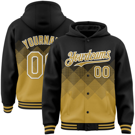 Custom Black Old Gold-White Gradient Square Shape 3D Pattern Design Bomber Full-Snap Varsity Letterman Hoodie Jacket - Main View